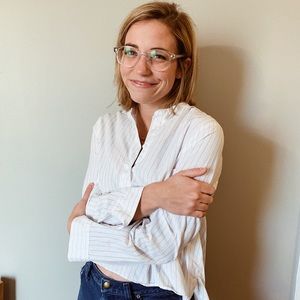 Madewell white buttondown with black pinstripes